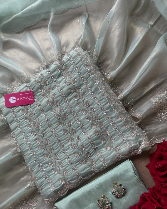 Hand embroidered cutdana work shimmer organza suit set