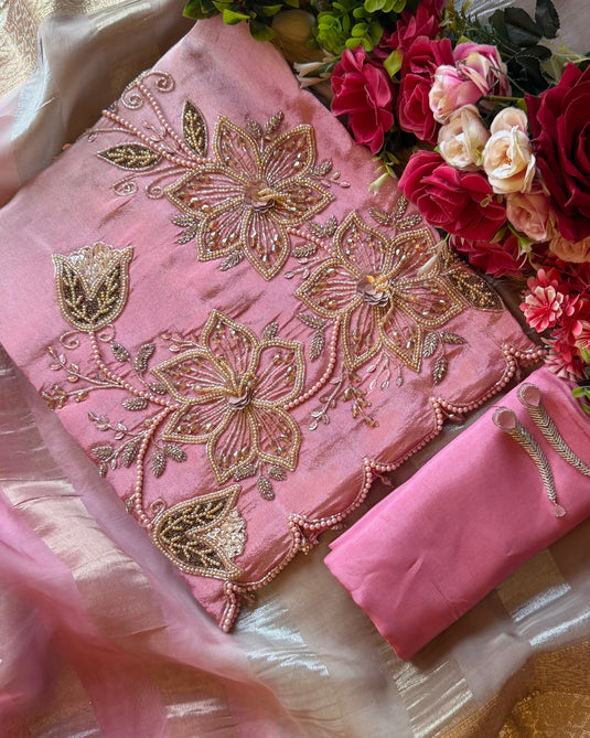 Intricate 3D embroidered shimmer silk suit set