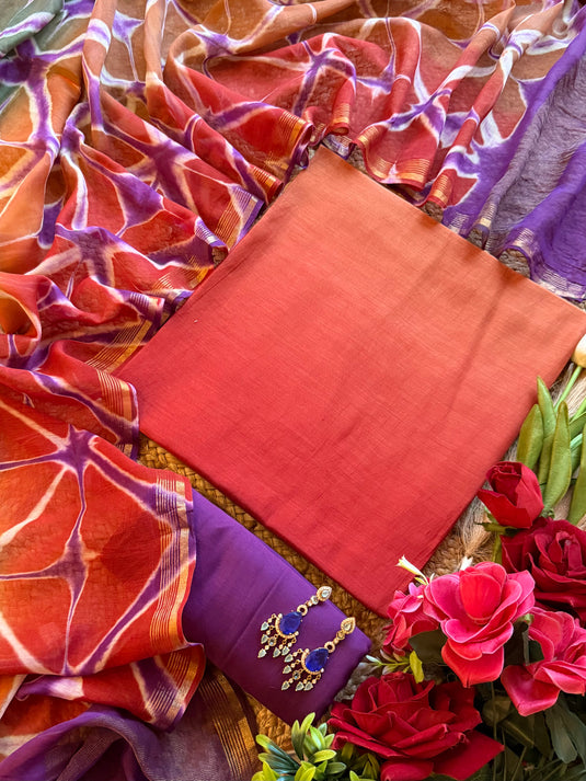 Ombré shaded pure mul chanderi suit with contrast bottom and Shibori dyed dupatta