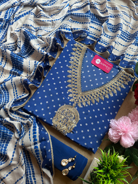 Pure crepe Bandhani print suit set with Dori work neck and tie dye dupatta