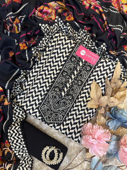 Abstract black and white muslin suit with digital print dupatta