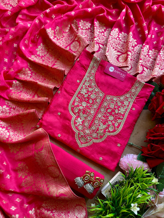 Royal intricate dori work neck muslin suit set with banarasi dupatta