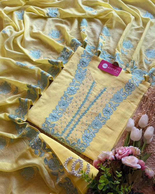 Intricate neck rose Mul cotton suit set