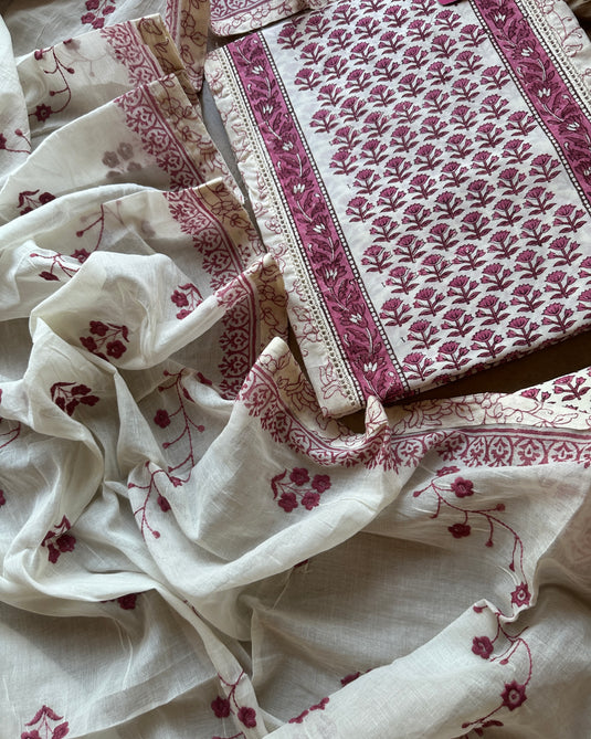 Panel block print suit embroidered suit with embroidered cotton dupatta