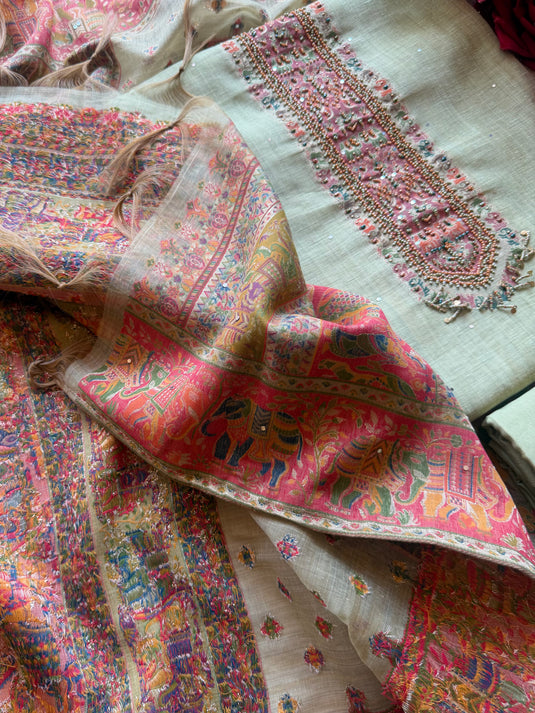 Mint Green Jamdani highlights suit set with Kani weave dupatta