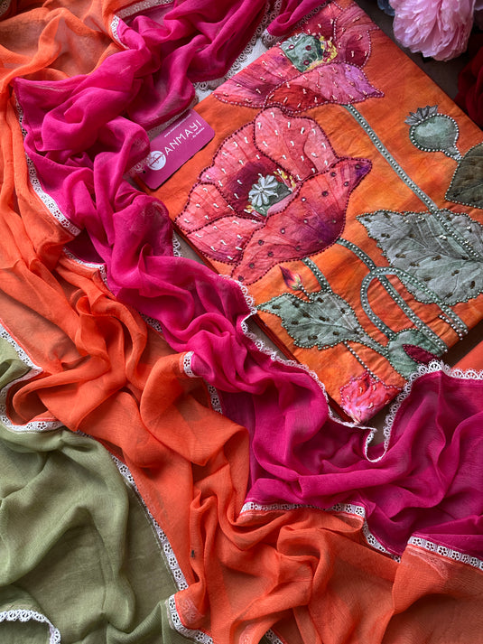 Bright festive printed cotton suit with highlights and tricolour dupatta