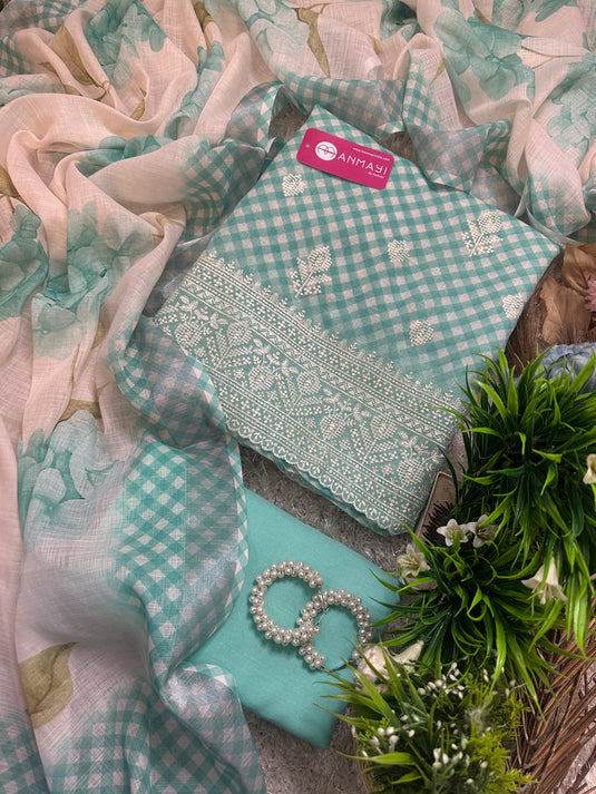 Check box pastel linen suits with sleek thread work and digital dupatta