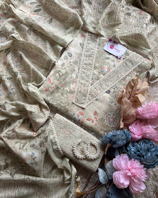 Cambric pastel printed v neck suit set with cotton dupatta