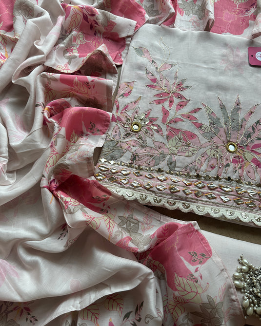 Pink printed muslin gotta work semi stitched suit set