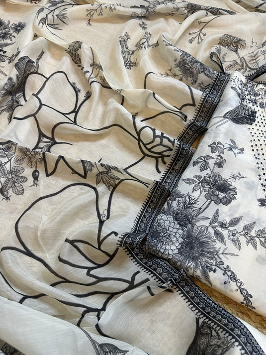 Black and White pure muslin suit set with highlighted v neck