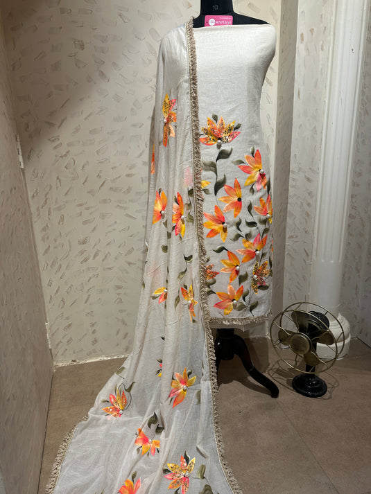 Handpaint ombré flowers with highlights Mul Chanderi suit set