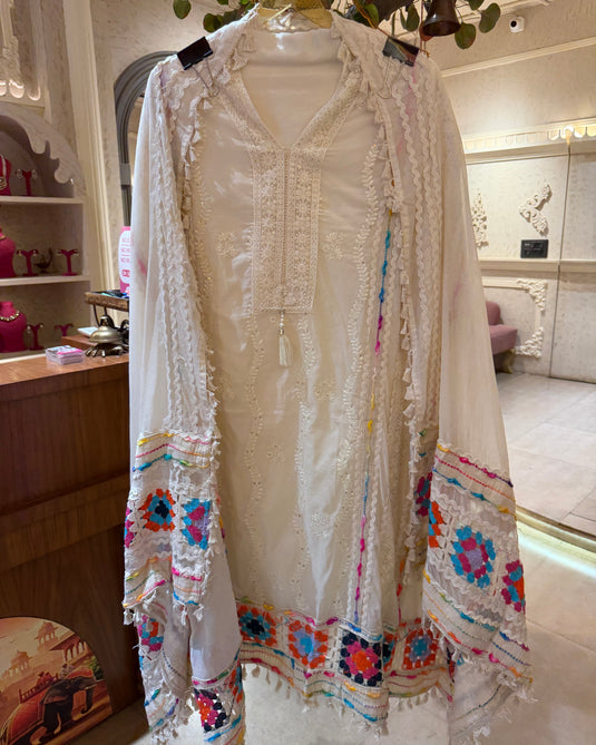 Mul Chanderi embroidered coloured crochet work suit set