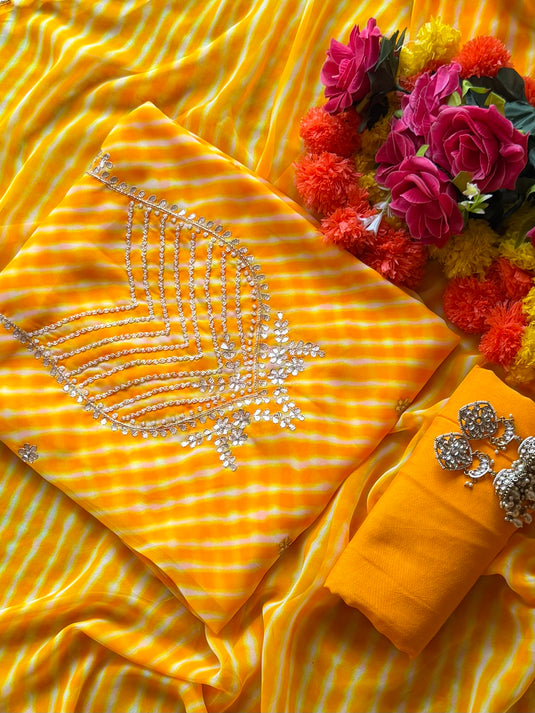 Neon lehria pearl neck semi Georgette suit set