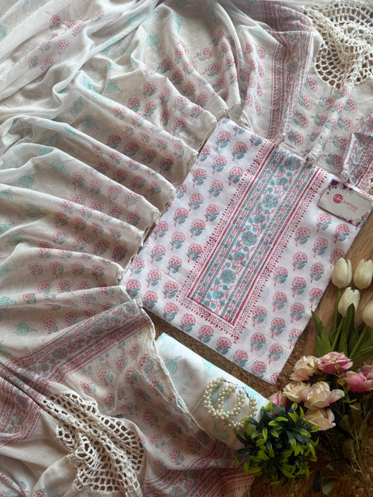 Block print cream cotton suit set with crochet cotton dupatta