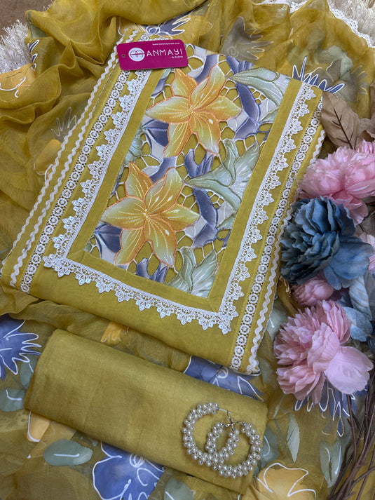 Coloured crochet patch work pure organza suits with handpaint dupatta