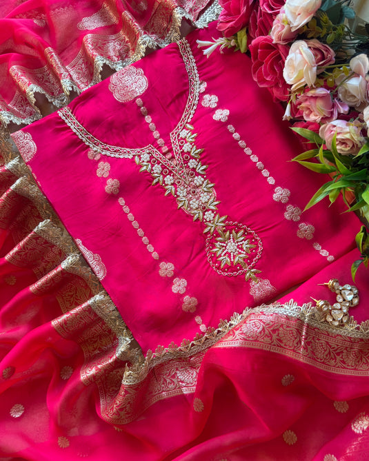 Subtle hot pink soft organza suit set with neck work