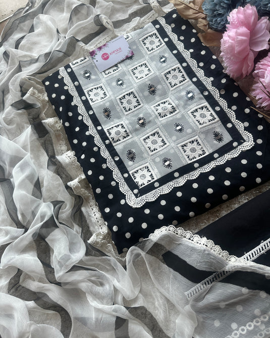 Chiffon patch mirror neck pure cotton polka dots suit set