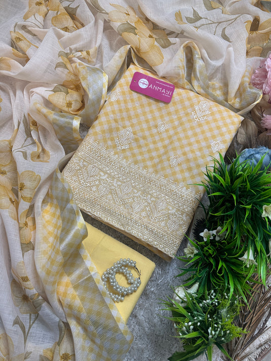 Check box pastel linen suits with sleek thread work and digital dupatta