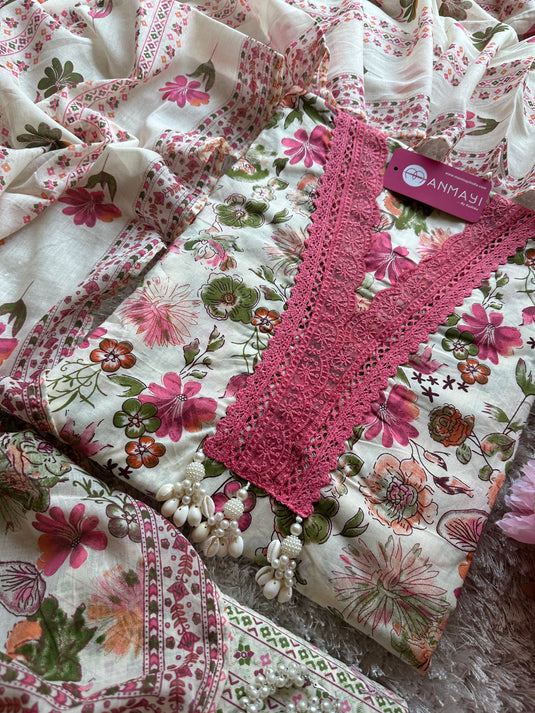 Crochet lace pure cotton cream base floral suit set with tassels