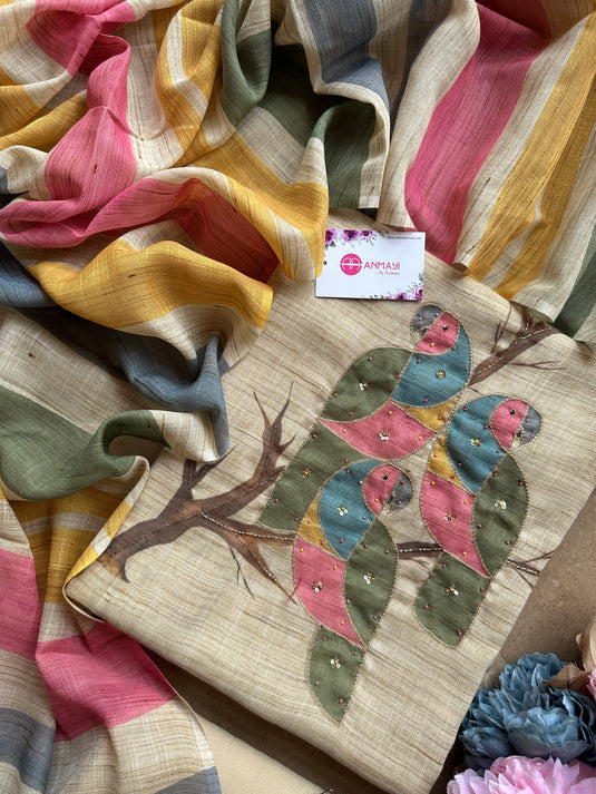 Linen cotton parrot print suit with coloured dupatta