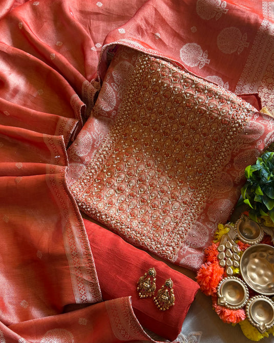 Yog neck embroidered brocade silk suit set