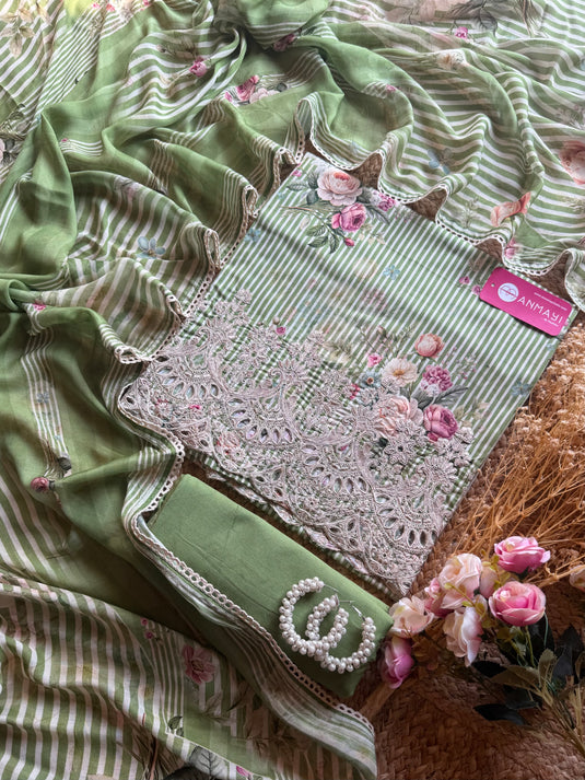 Digital floral stripes cotton suit set with muslin dupatta