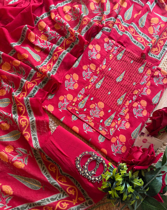 Pine tree Jaipuri mirror neck cotton suit set