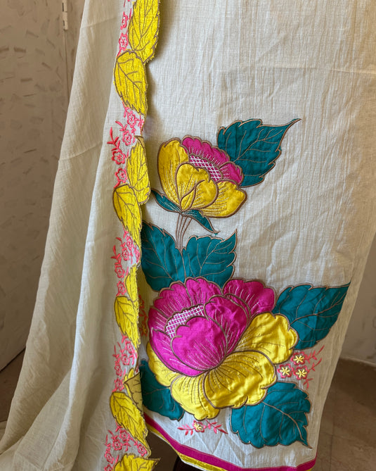Appliqué work pure mul chanderi suit with cutwork dupatta