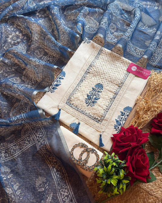 Organic cotton cream indigo suit set with Kota dupatta