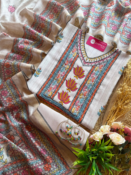 Kantha work traditional Khadi Chanderi suit set
