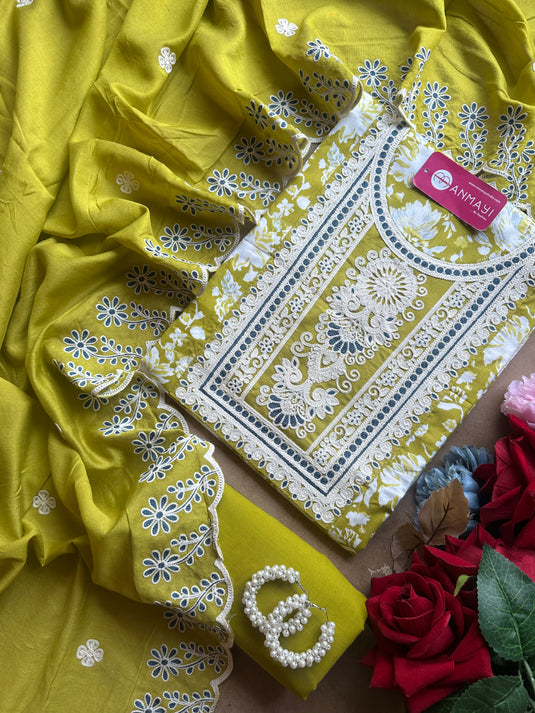 Printed cambric cotton white Dori work suit set