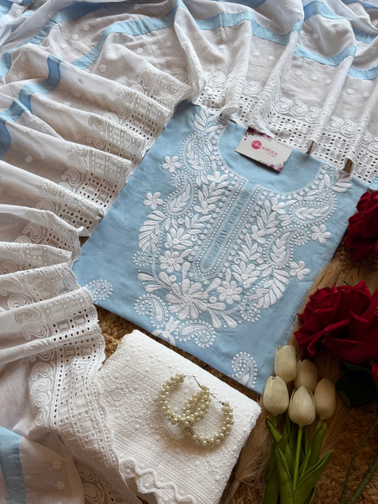 Chikankari neck cotton suit set with Hakooba bottom and dupatta