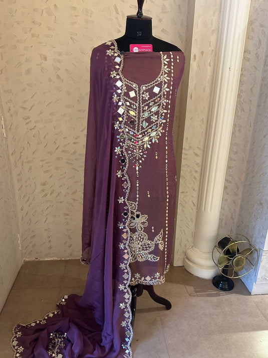 Mirror Dori work Burberry suit set with georgette dupatta