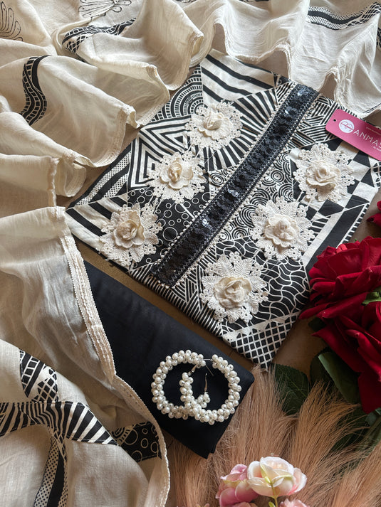 Crochet flowers abstract black n white cotton suit set