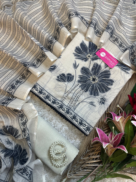 Pure linen beige black Kantha highlights suit