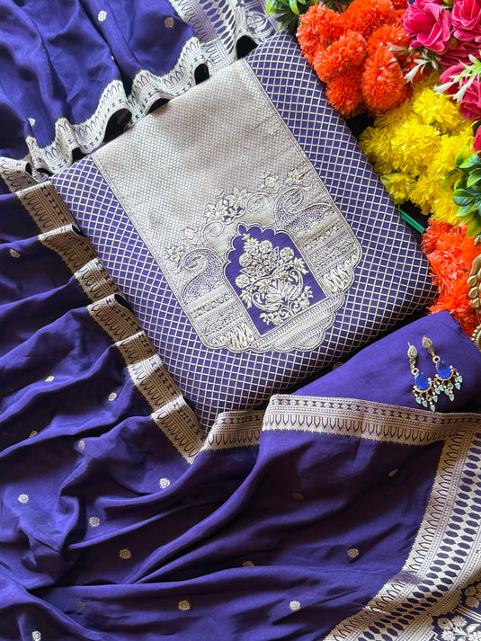 Kanjivaram temple cross work silk suit set