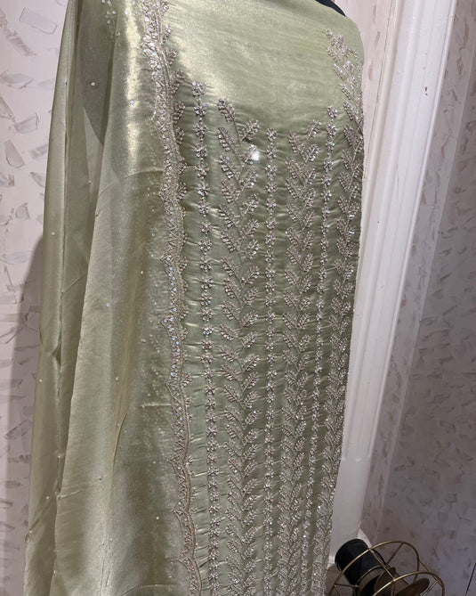 Hand embroidered cutdana work shimmer organza suit set