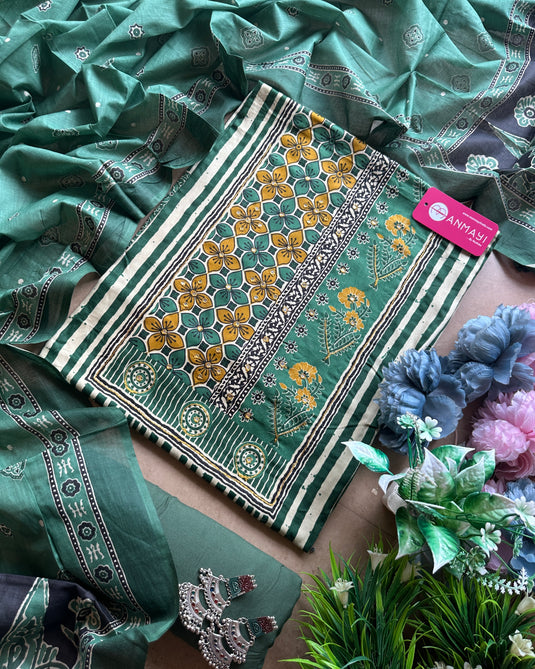 Ajrakh cotton printed neck suit set with cotton dupatta