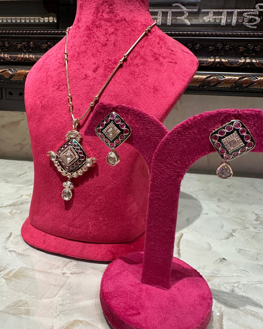 Kundan droplet rhombus meenakari chain set