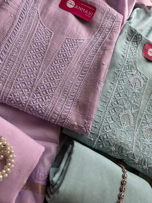 Pastel pure Mul suit set with Chikankari pearl work