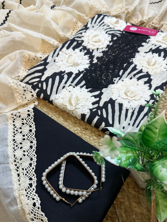 Abstract print crochet 3D neck cotton suit set