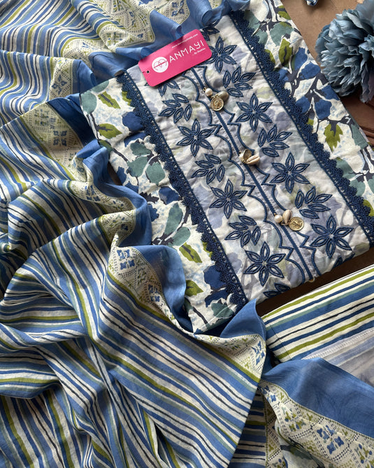 Organza patch floral print pure cotton suit with shell neck