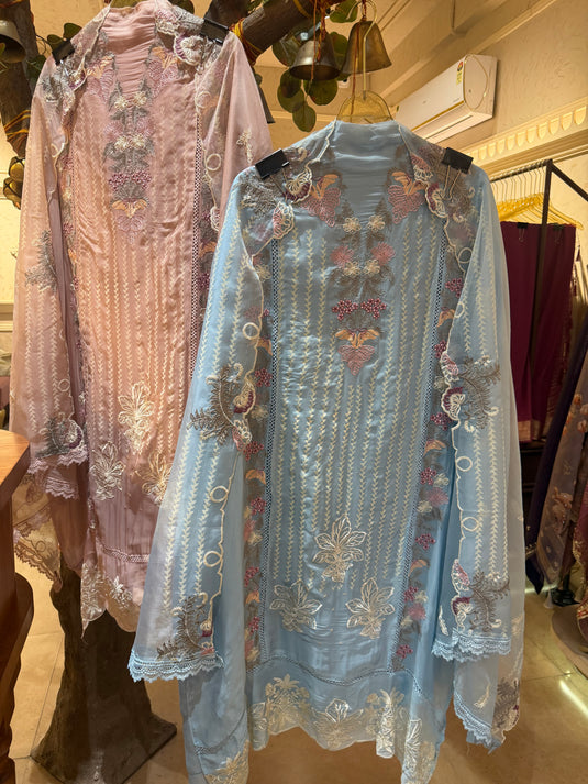 Pakistani organza coloured machine work suit set