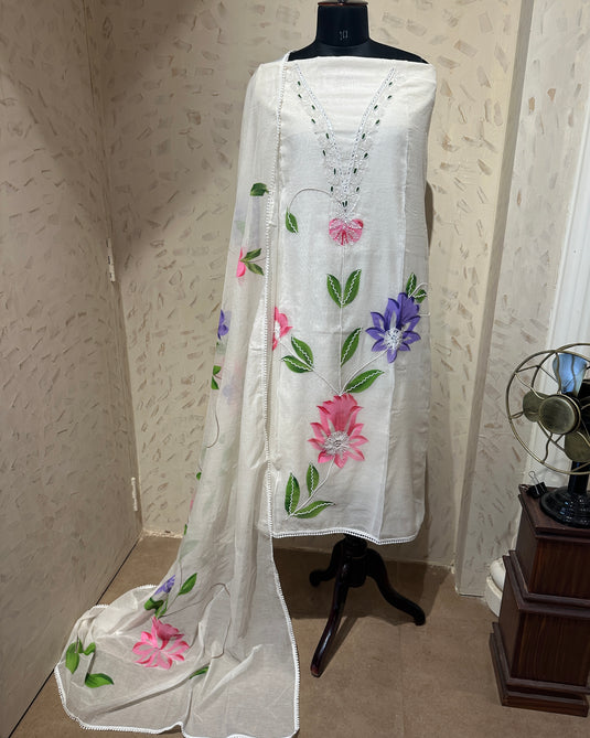 Ivory handpaint Mul Chanderi suit set with pearl details