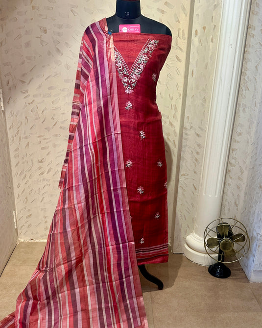 Tussar silk French knot work v neck suit set