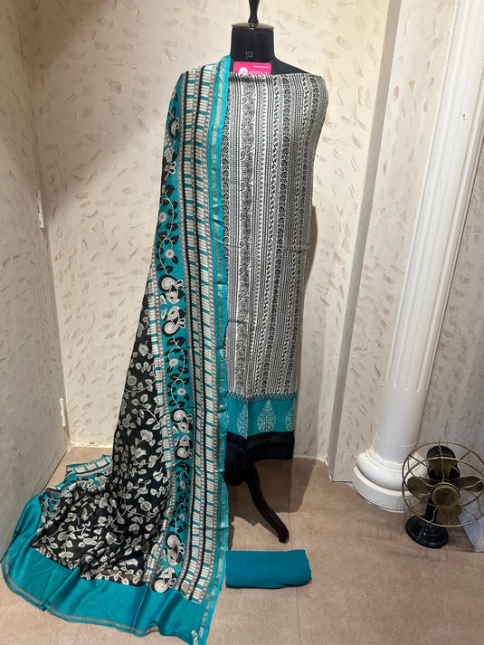 Abstract black and coloured pure Maheshwari suit set