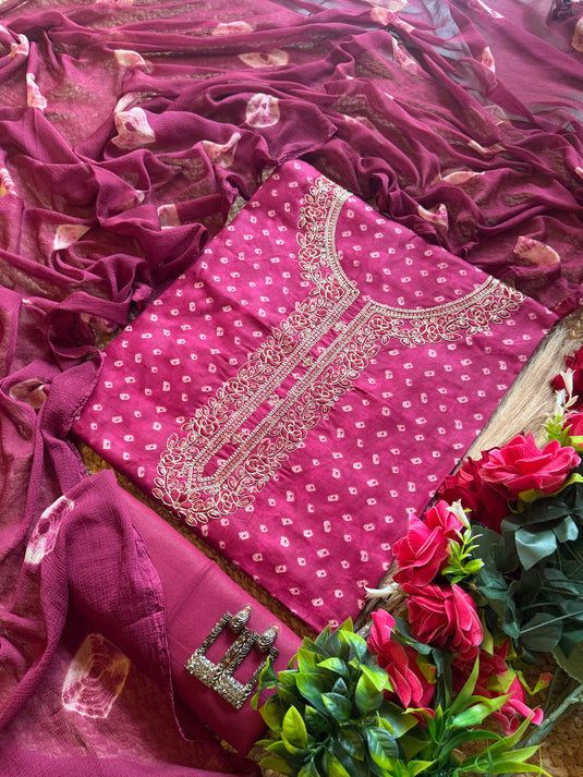 Bandhej print Dori kurta neck Cambric cotton suit set