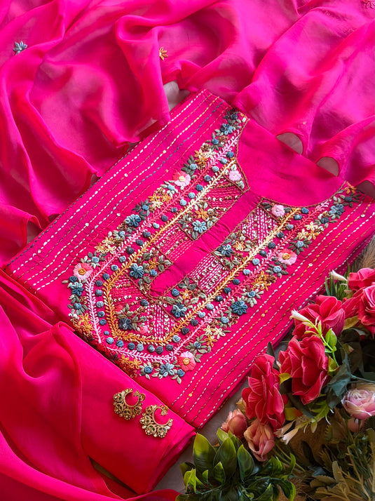 Coloured french knot work pure Maheshwari suit set with organza dupatta