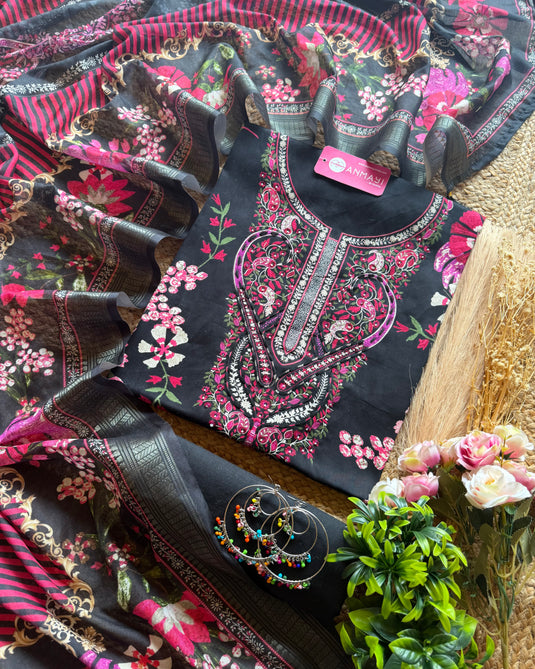 Highlighted thread neck printed jaam cotton suit with Chanderi dupatta