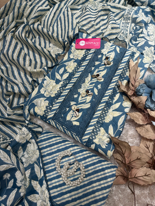 Patterned garden pure cotton suit set with shell neck